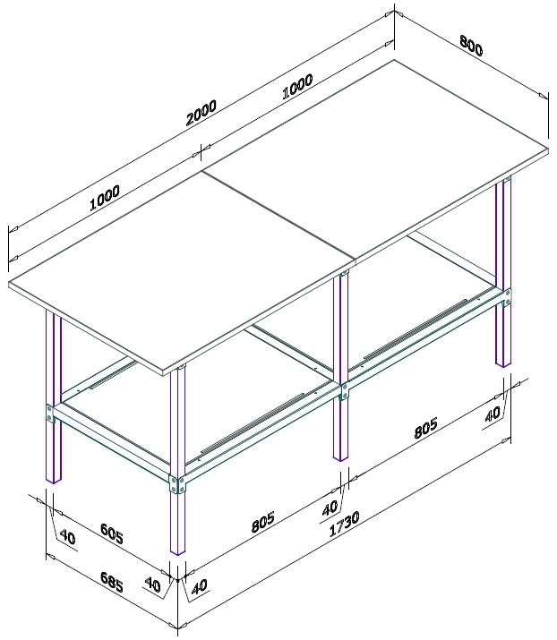 Banco da lavoro fisso o su ruote con struttura in metallo e piano in legno cm. 200x80x93h