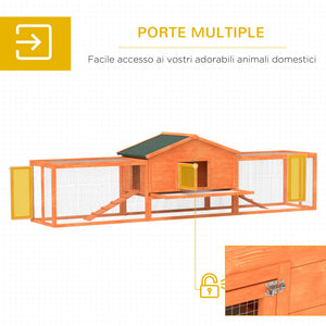 Conigliera da Esterno Casetta Rampe e 2 Recinti 309x69,5x87 cm in Legno Arancione