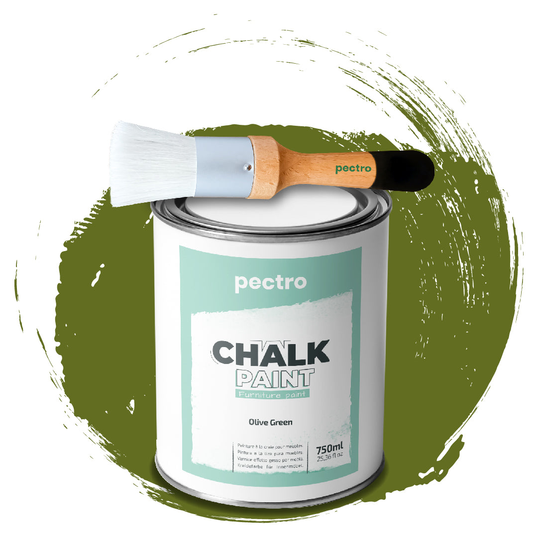 Chalk Paint Vernice a Gesso 750ml + Pennello Tondo in Legno Pack - Pittura per Mobili Senza Carteggiare (VERDE OLIVO)