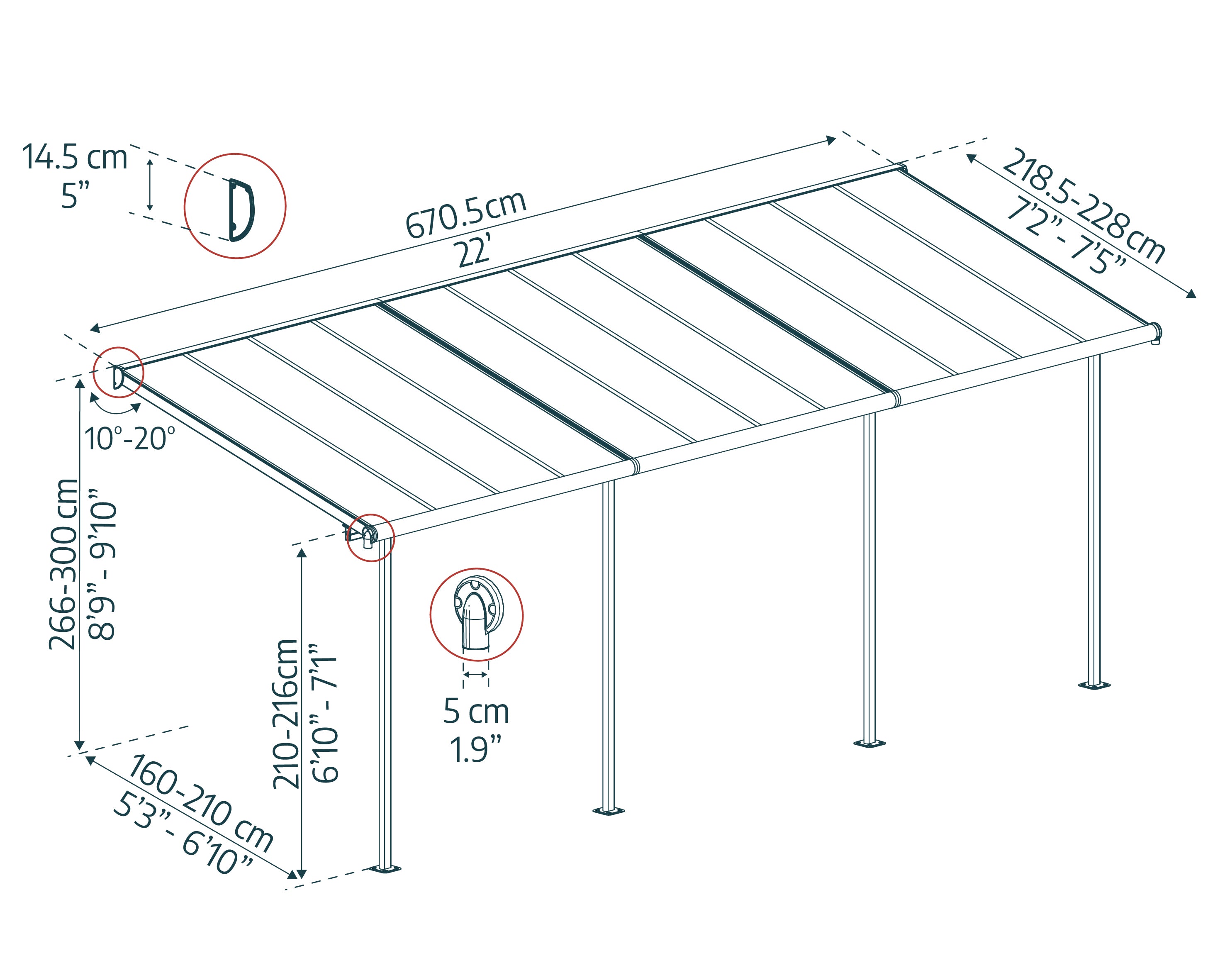 Pergola Sierra Addossata in Alluminio  2.3X6.7 m Bianco