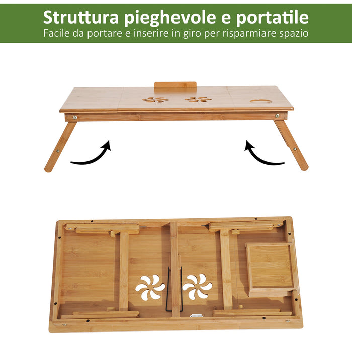 Tavolino da Letto per PC Pieghevole e Inclinabile con Cassetto 72x35x22-30  Colore Legno