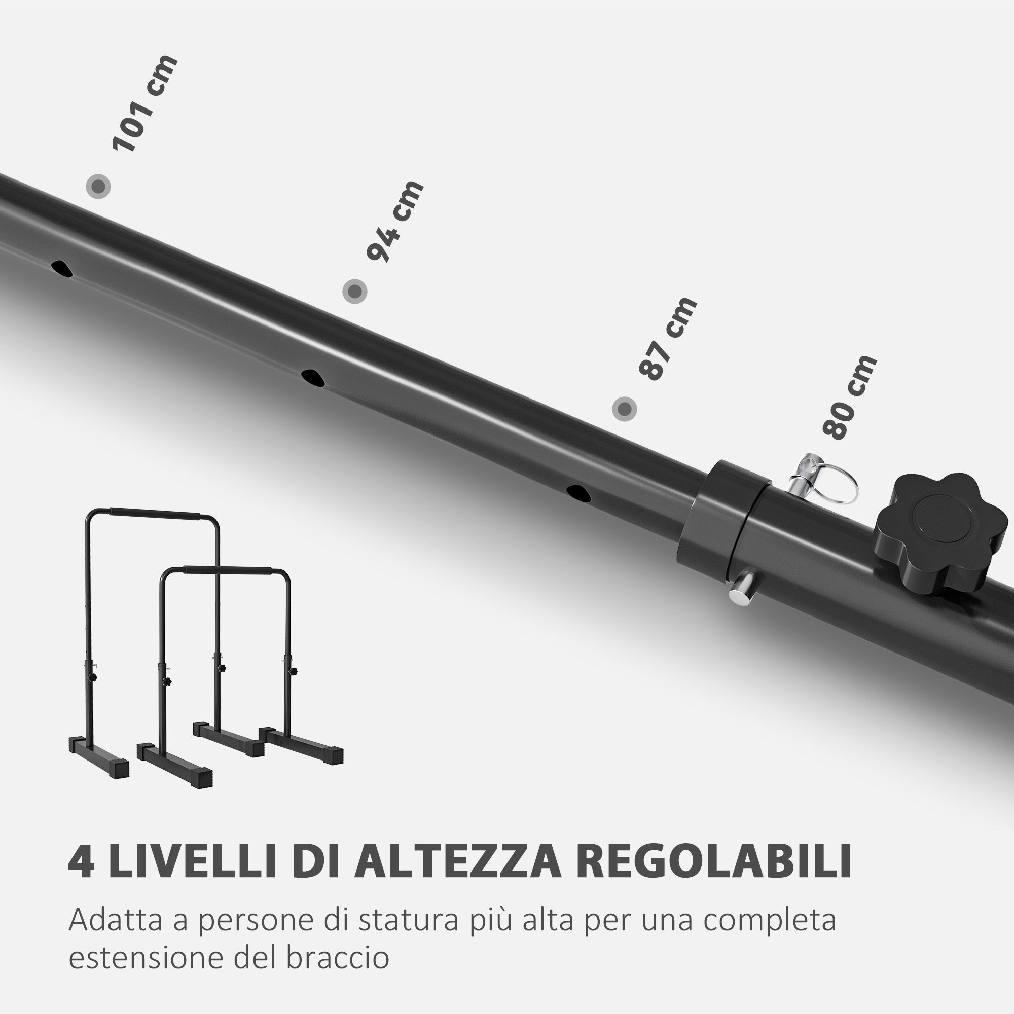 Set 2 Barre per Dip Parallele 4 Altezze Regolabili 70x50x80-105 cm Maniglie Antiscivolo in Acciaio Nero