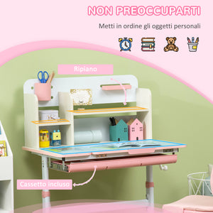 Banco Studio Scuola per Bambini 80x52x88-109 cm in MDF e Acciaio Rosa