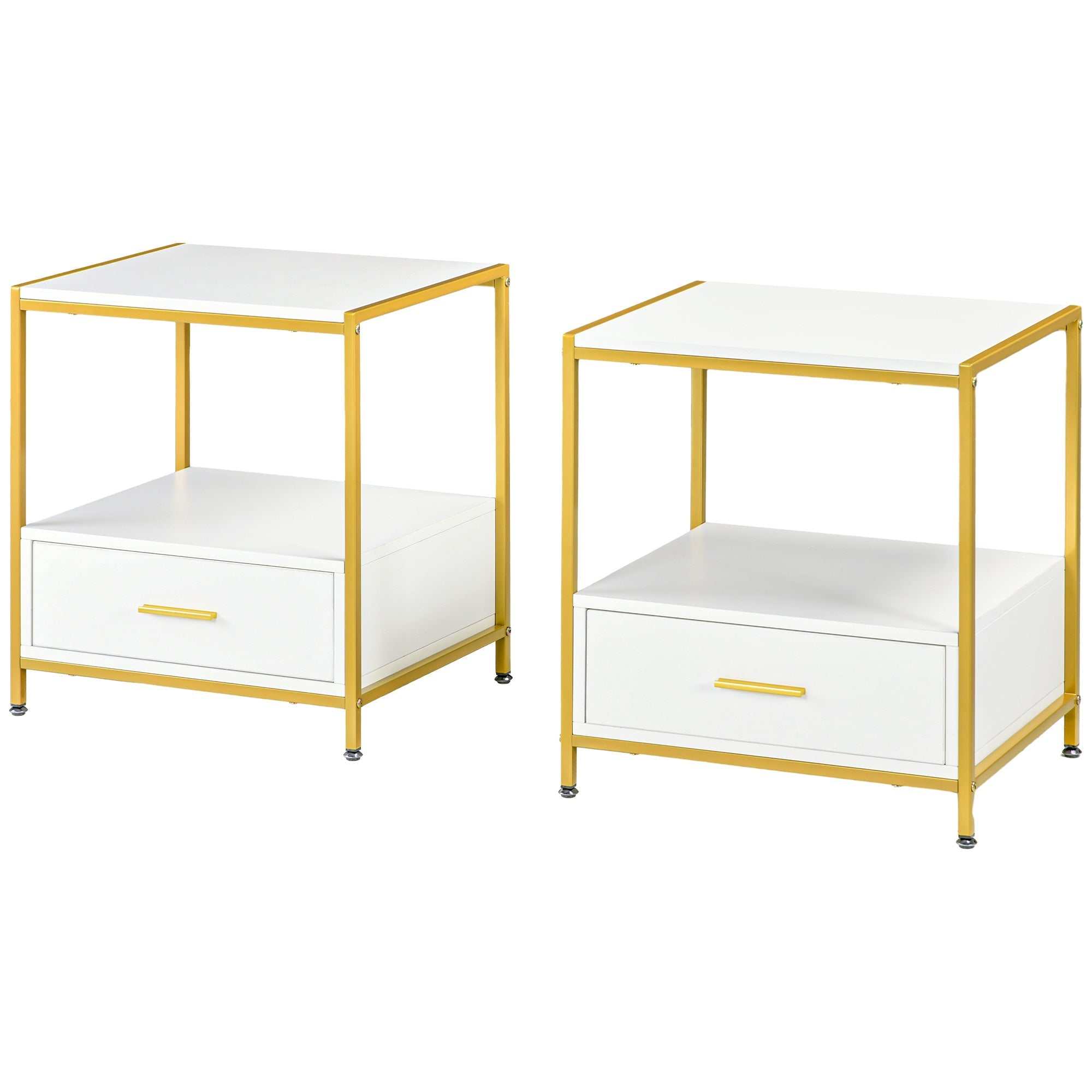 Set 2 Comodini 2 Cassetti 50x40x55 cm in Acciaio e Legno Truciolare Bianco e Oro