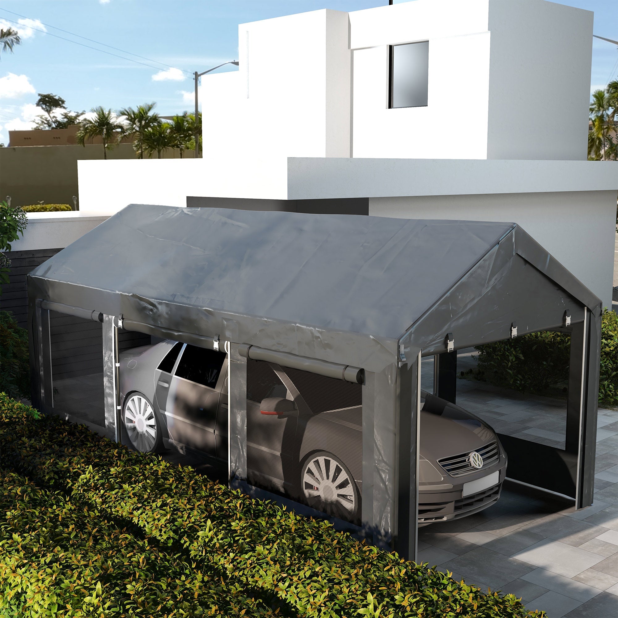 Gazebo per Auto e Feste con Altezza Regolabile 4 Porte e 4 Finestre 6x3m  Grigio Scuro