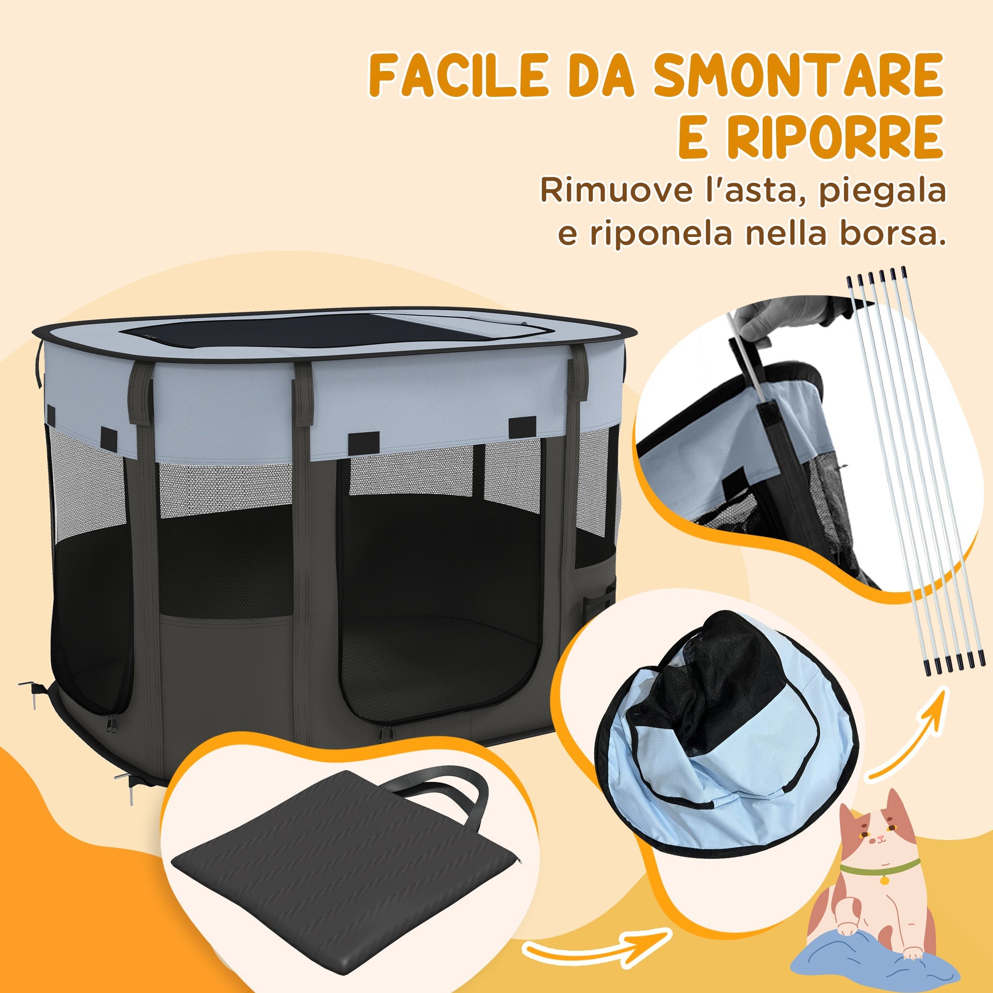 Box per Animali con 7 Finestre 3 Porte e 2 Borse Portaoggetti 84x64x53 cm in Poliestere e Acciaio