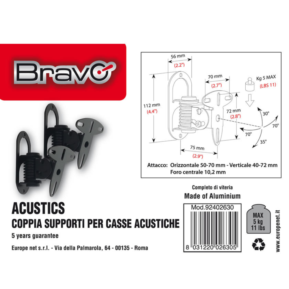 Set 2 supporti parete per casse acustiche alluminio colore nero 5 kg