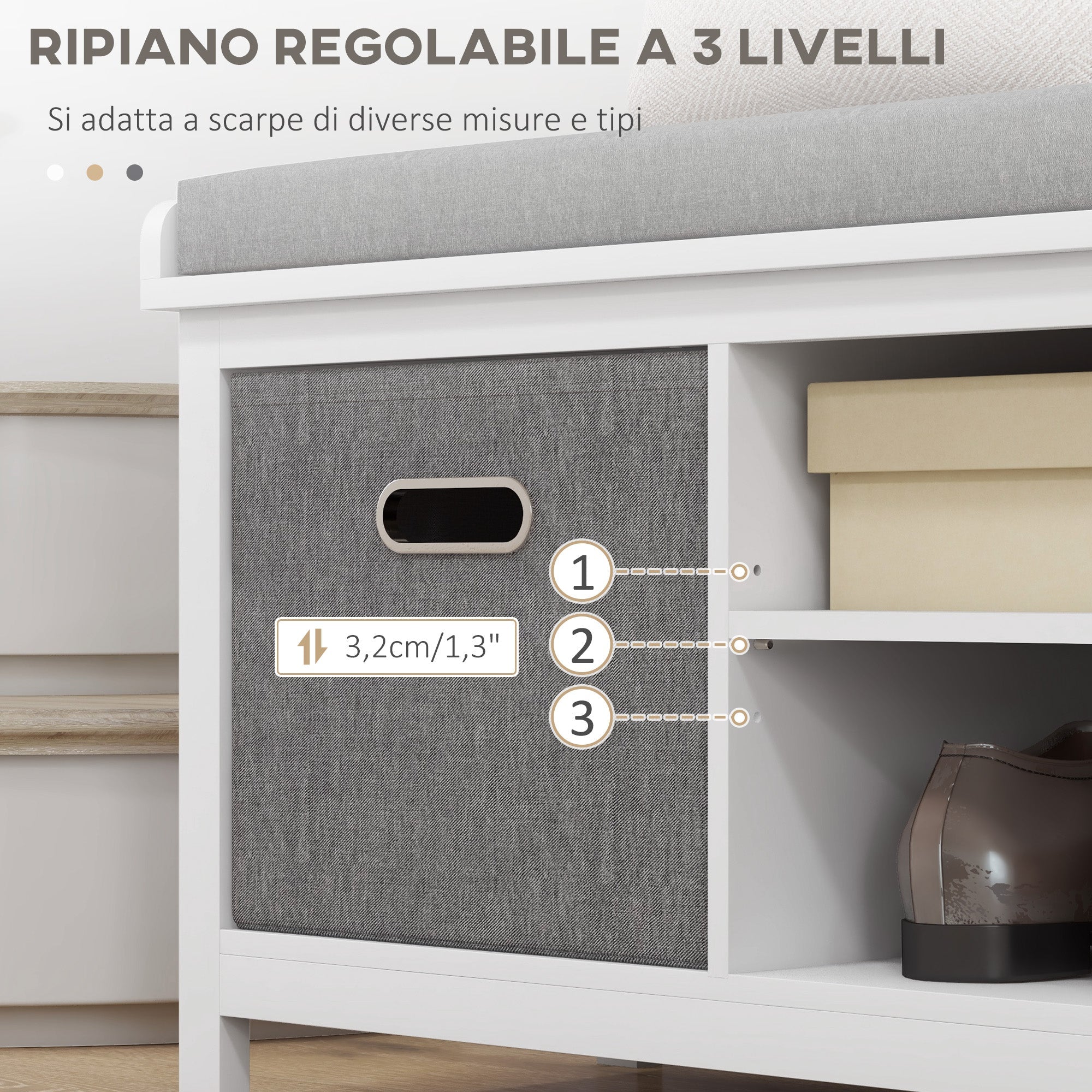 Panca Scarpiera con Ripiano Regolabile a 3 Livelli e 2 Cassetti 105x35x47 cm in Truciolato Bianca e Grigia