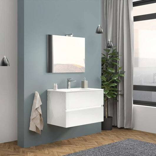 Composizione bagno 2 cassettoni con lavabo in ceramica e specchio con lampada led - HDcasa