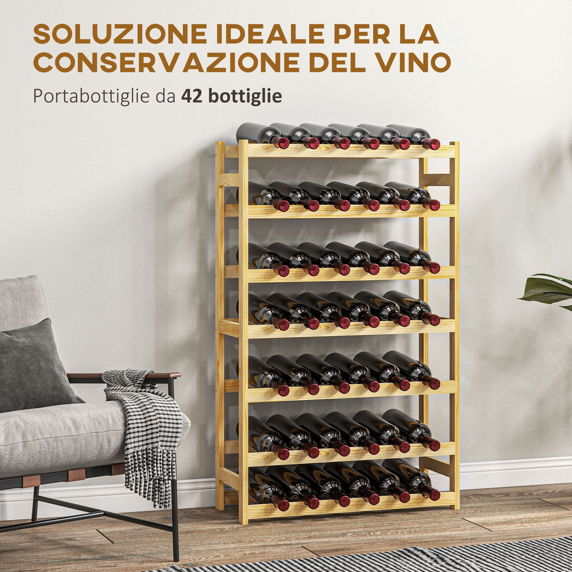 Scaffale Portabottiglie a 7 Livelli per 42 Bottiglie di Vino 63x25x102 cm Legno di Pino Naturale