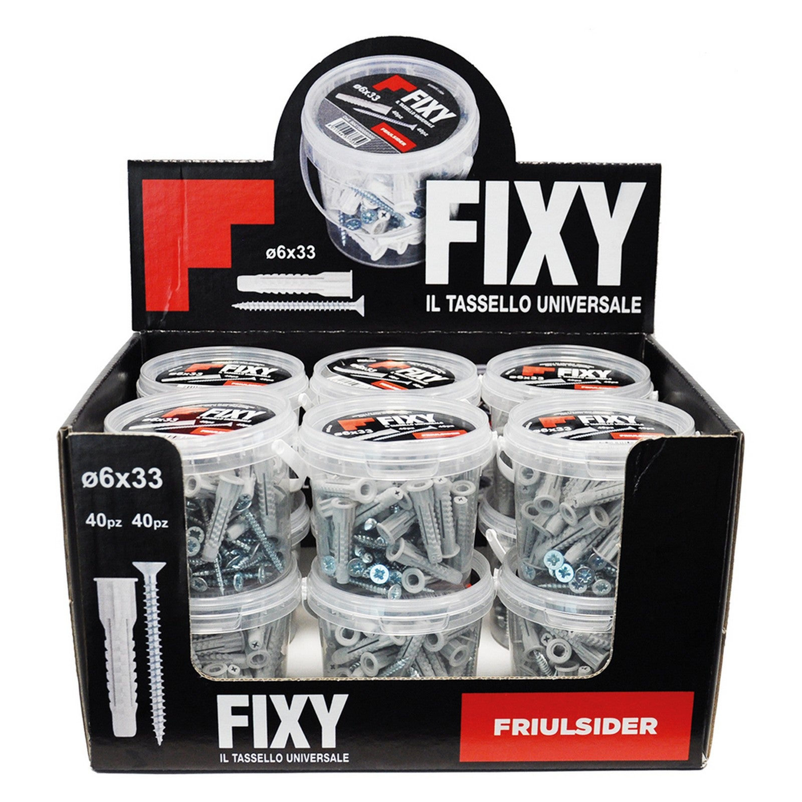 cf espositore tasselli nylon 'fixy' 12 secchielli da 40 pezzi cod:ferx.4306770nlm