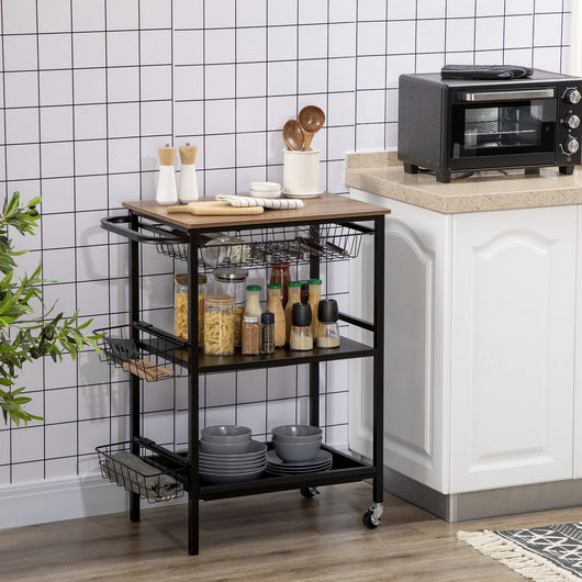 Carrello da Cucina 3 Livelli 75x43,5x91 cm con 2 Ruote e Cesto Estraibile color Legno e Nero