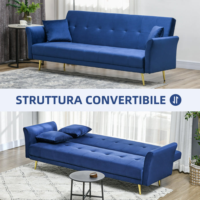 Divano Letto Singolo Clic Clac con Schienale Regolabile 215x83x87 cm in Tessuto Effetto Velluto con 2 Cuscini Blu