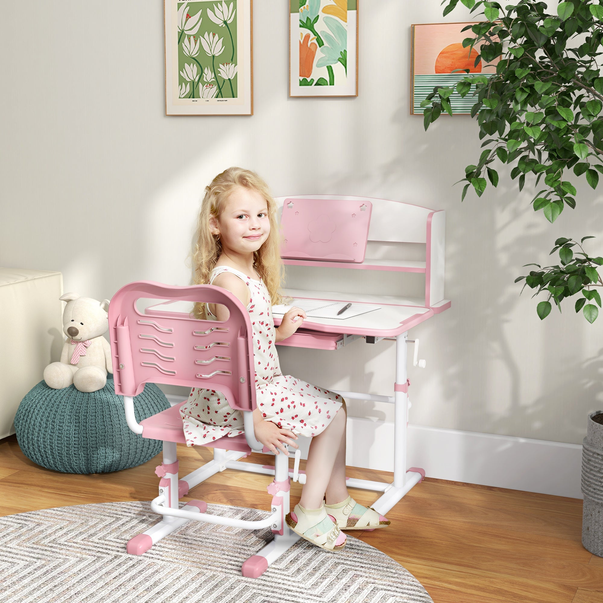 Banco Studio Scuola per Bambini 80x54,5x104 cm con Sedia Regolabile e Piano Inclinabile Rosa