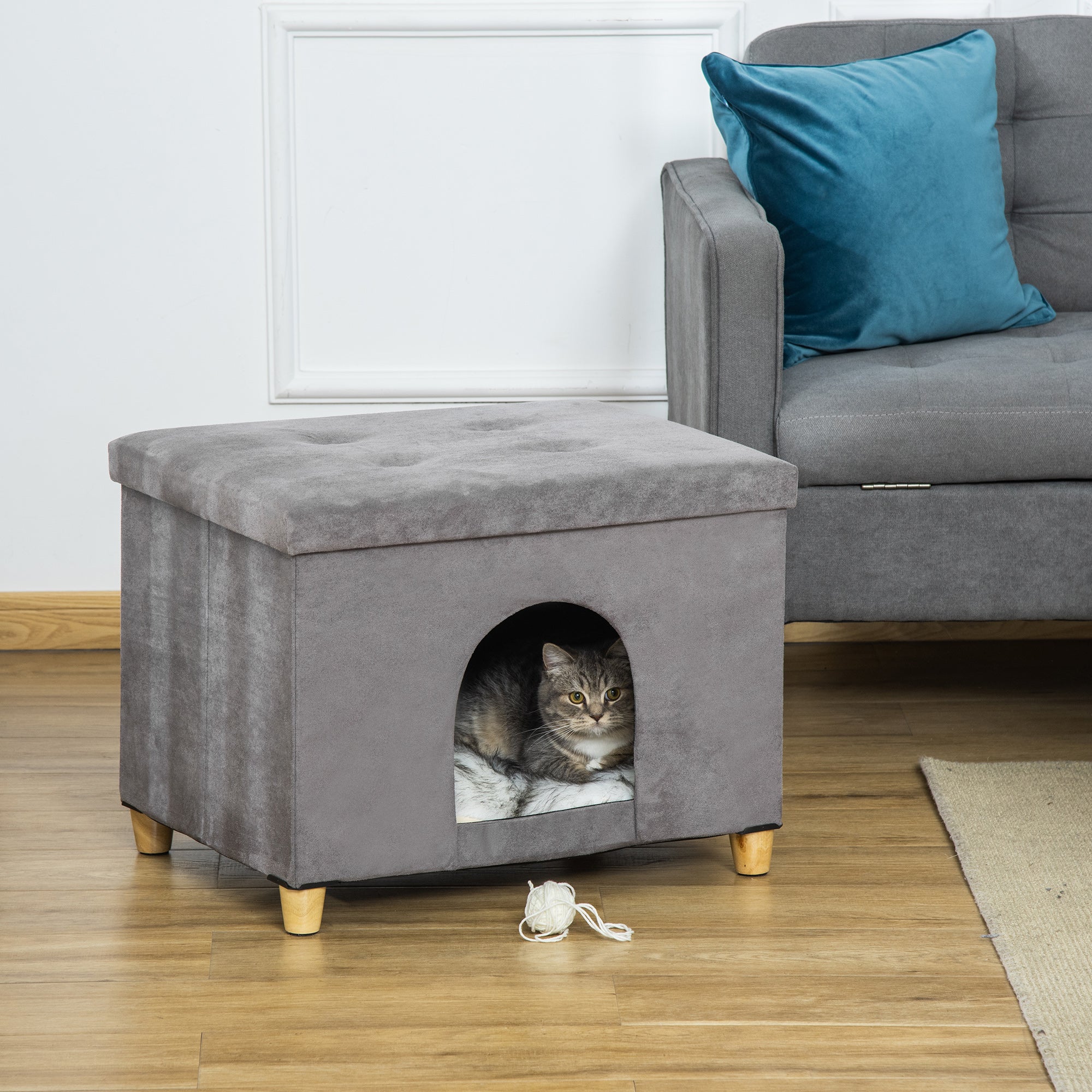 Casetta per Gatti Pouf Poggiapiedi Imbottito 60x45x44,5 cm con Cuscino Rimovibile e Lavabile Grigio