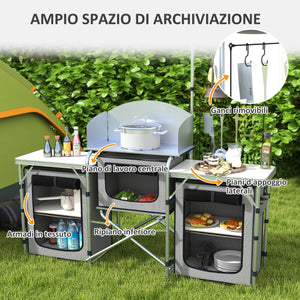 Cucina da Campeggio Pieghevole 3 Piani 172x48x119 cm Grigio e Argento