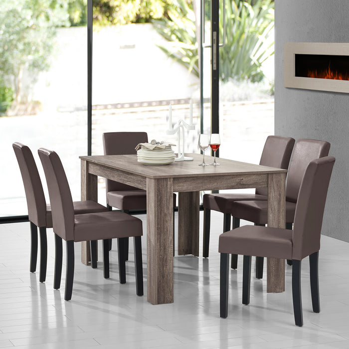 Set Pranzo con Tavolo 140x90 cm e 6 Sedie in Similpelle - Effetto Rovere Antico / Marrone  [en.casa]