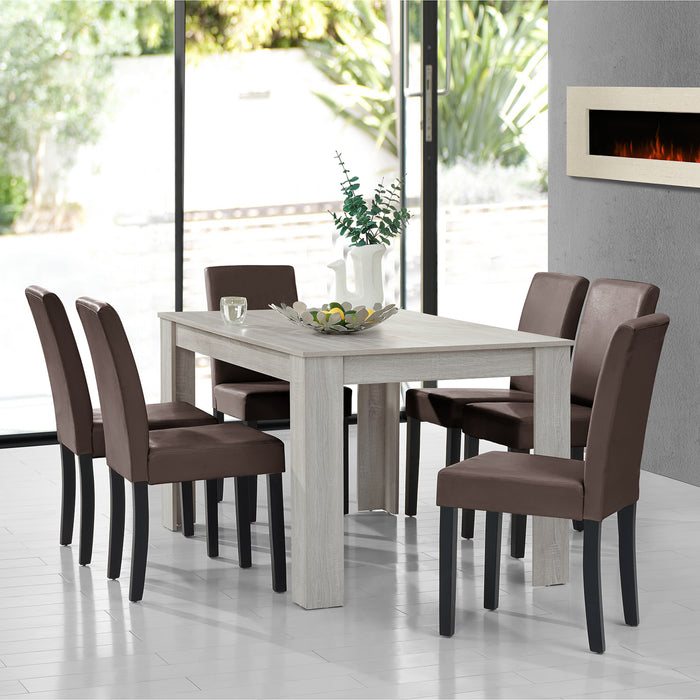 Set Pranzo con Tavolo 140x90 cm e 6 Sedie in Similpelle - Effetto Rovere Bianco / Marrone [en.casa]