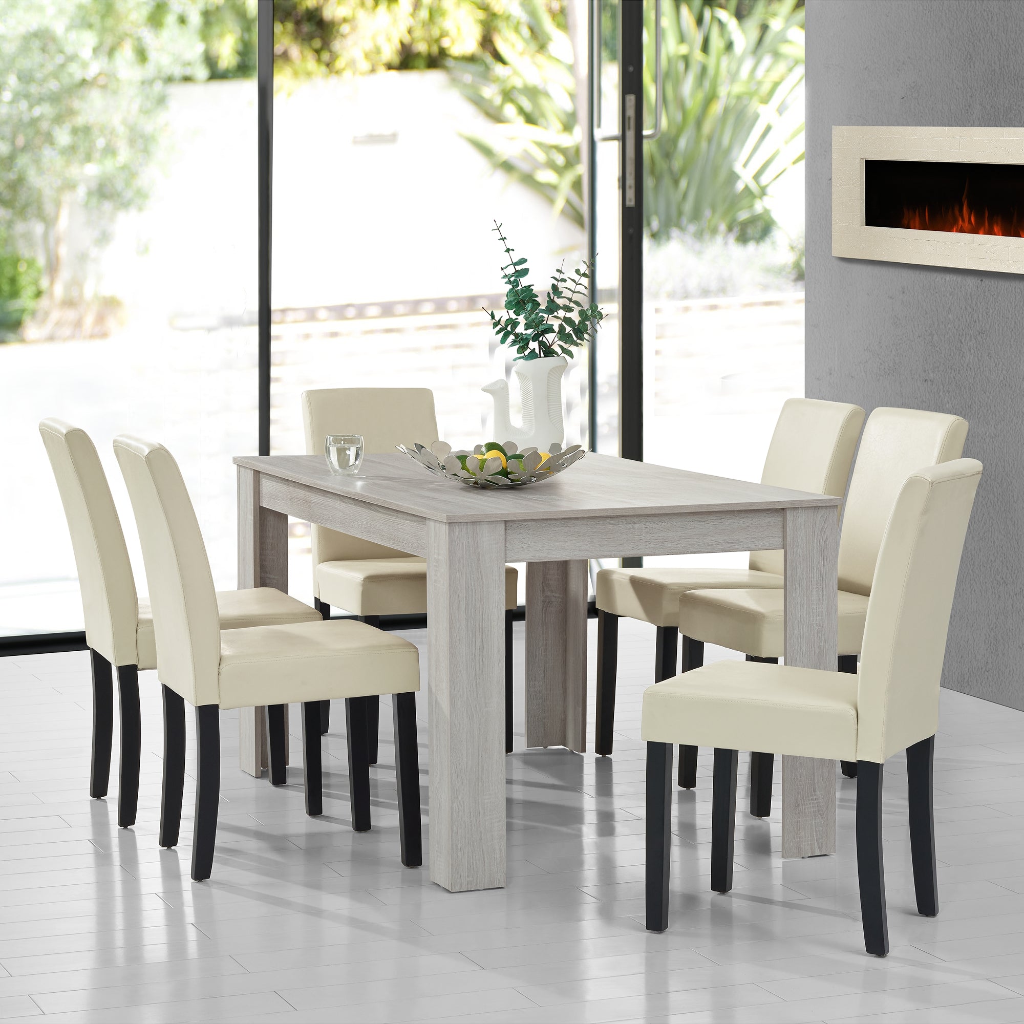 Set Pranzo con Tavolo 140x90 cm e 6 Sedie in Similpelle - Effetto Rovere Bianco / color Crema [en.casa]