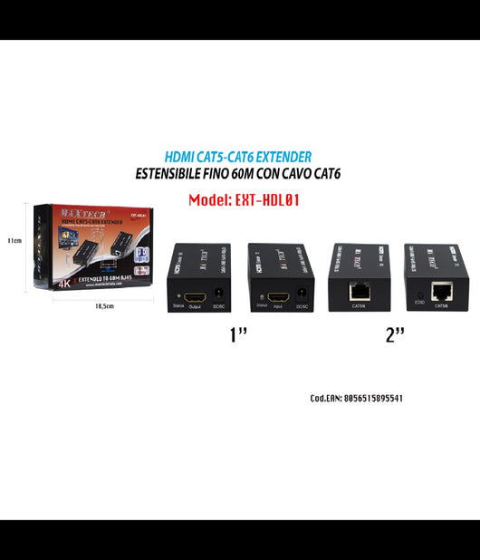 Estensore Hdmi Amplificatore Segnale Video 1080p Rj45 Cat5e Cat6 60mt Maxtech Ext-hdl01         