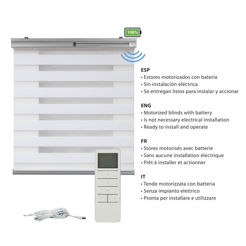 Tenda motorizzata Giorno e Notte Plus Tende a rullo a doppio velo con motore e comando, batteria Finiture in alluminio premium Bianco 180 x 250cm