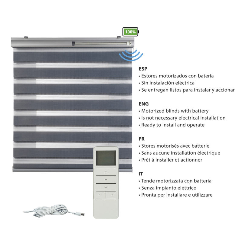 Tenda motorizzata Giorno e Notte Plus Tende a rullo a doppio velo con motore e comando, batteria Finiture in alluminio premium Grigio 140 x 250cm