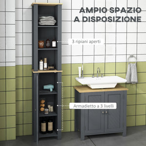 Mobile a Colonna per Bagno 1 Anta 3 Ripiani 34x23x165 cm in MDF e Legno Truciolare Grigio