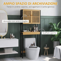 Mobile Sopra WC con Armadietto 2 Ante a Doghe e Ripiano Aperto 60x21,5x172 cm in Bambù e MDF Legno Naturale e Nero