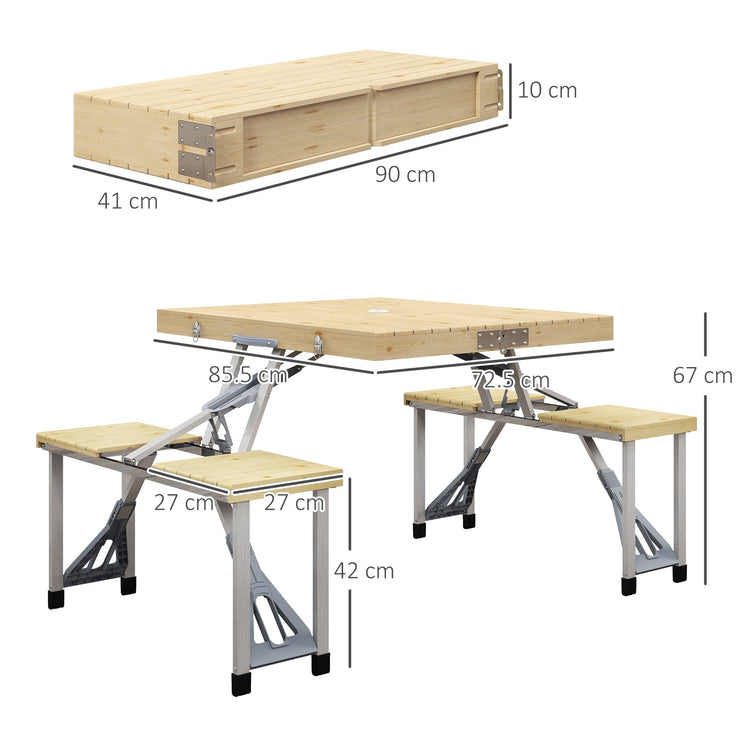 Tavolo da Picnic Pieghevole con Sgabelli Integrati e Foro per Ombrellone in Alluminio e Legno