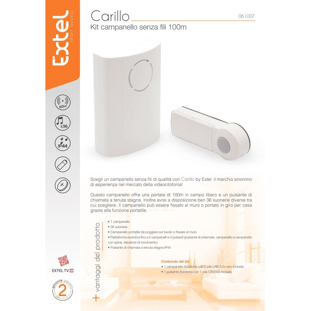 Extel carillo campanello wireless senza fili e senza pile portata 100mt