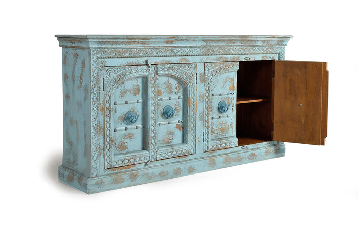 Credenza 4 ante in massello di mango intagliato verde acqua