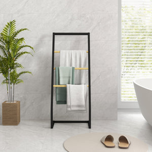 Piantana Portasciugamani da Bagno da Terra 4 Sbarre 40,5x28x98cm in Bambù e Acciaio Nero