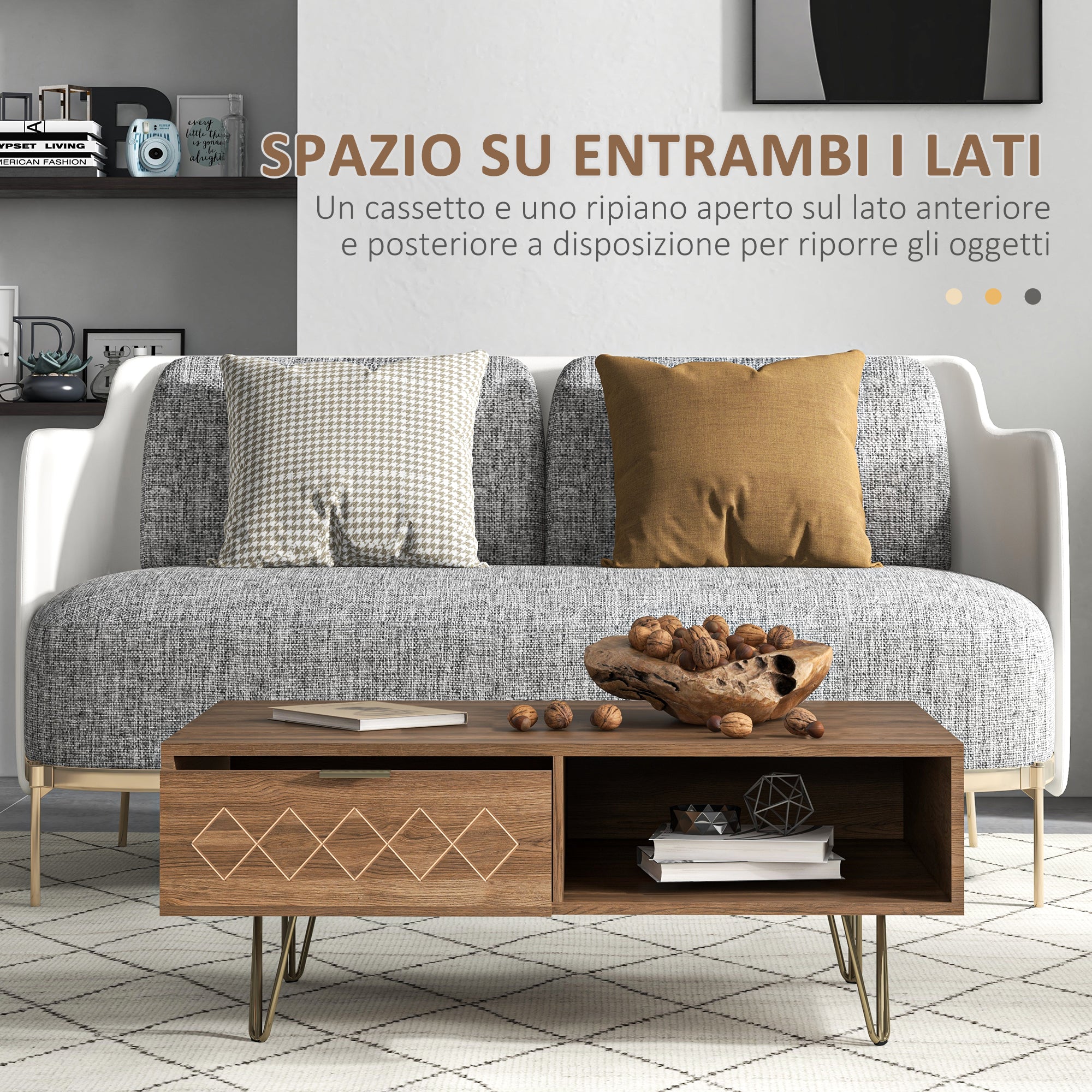 Tavolino da Caffè 95x62x36,5 cm in Truciolato e Metallo Oro e Legno Naturale