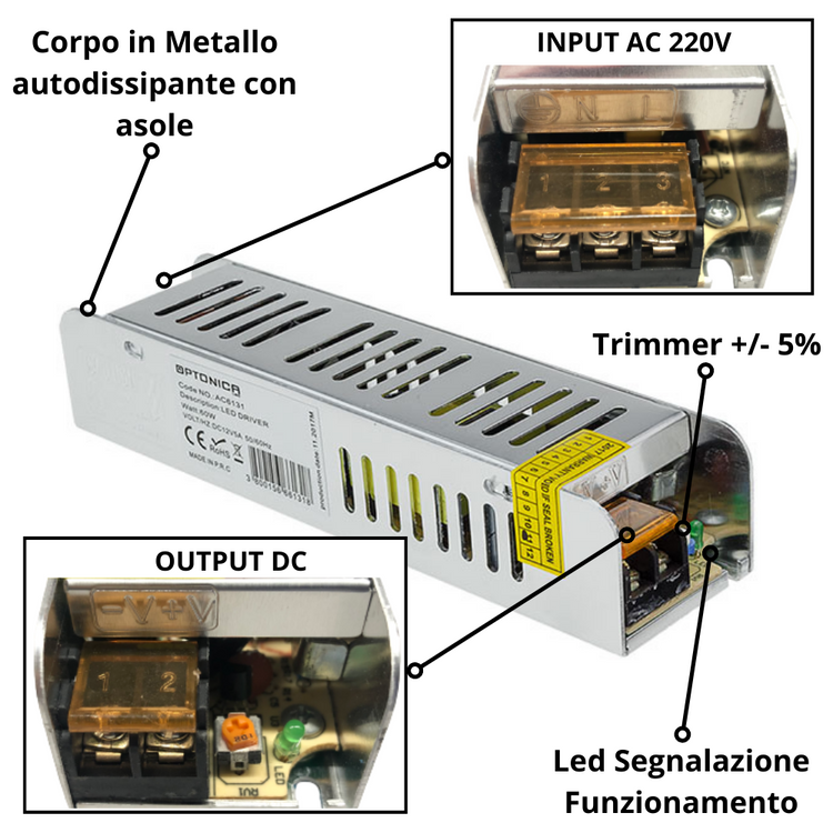 Alimentatore universale stabilizzato 12v 60w metallo 5 ampere switching