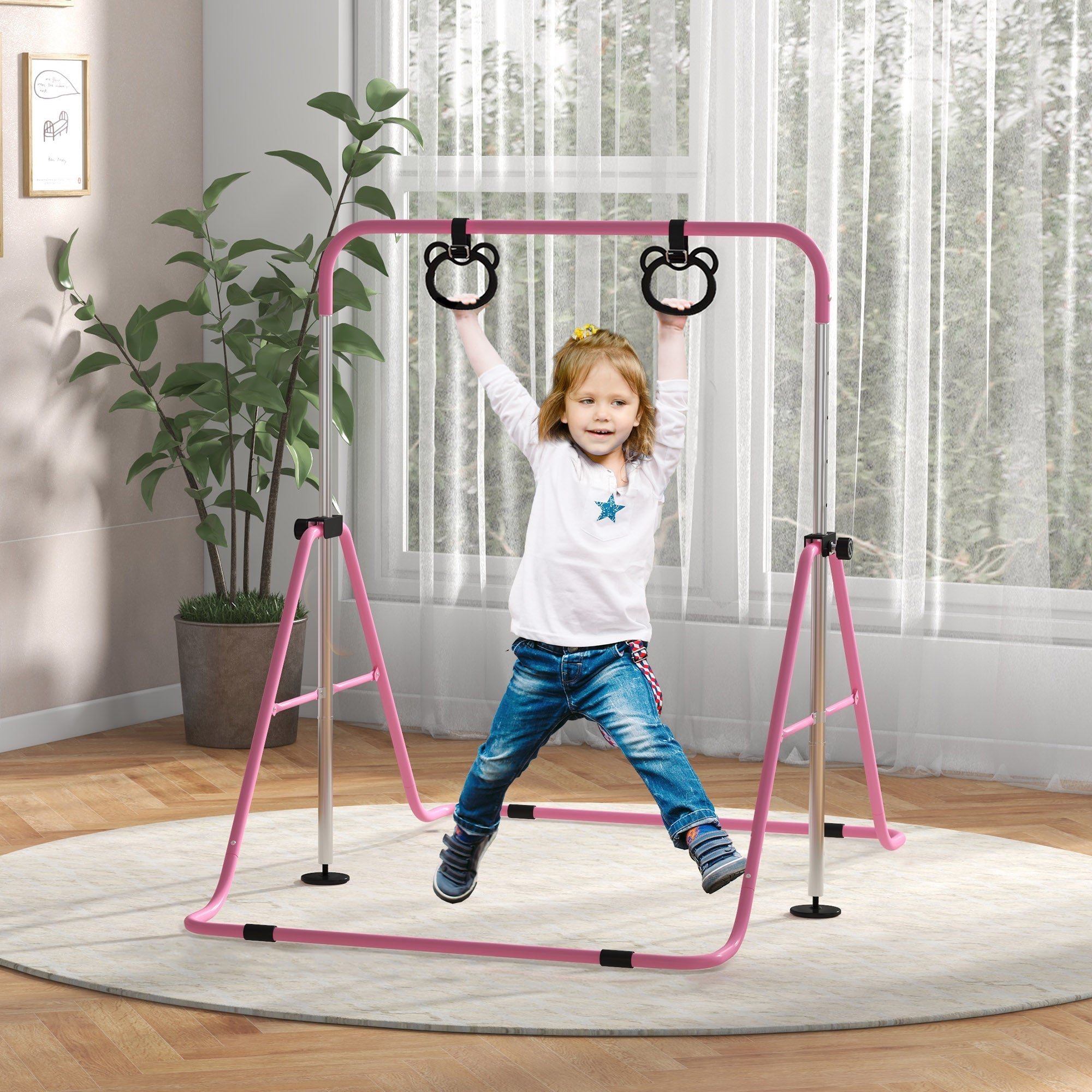 Sbarra per Ginnastica Artistica per Bambini Altezza Regolabile 88-128 cm 2 Anelli Rosa