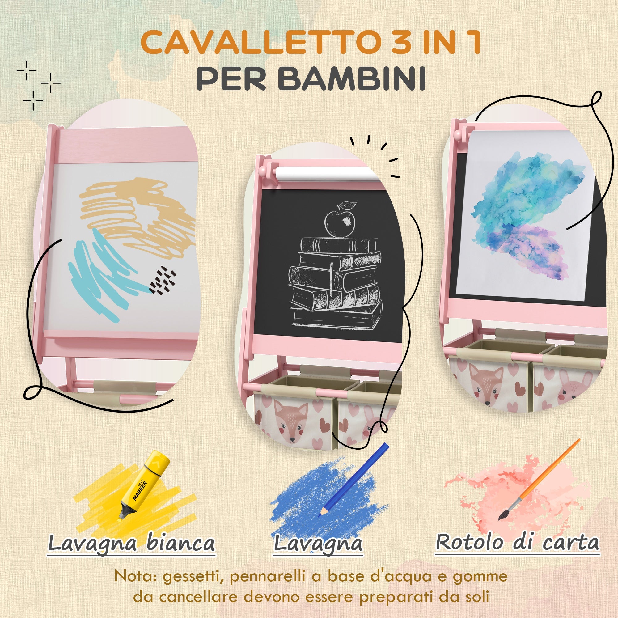 Lavagna per Bambini 3 in 1 54x46,5x93 cm con Cavalletto Rosa