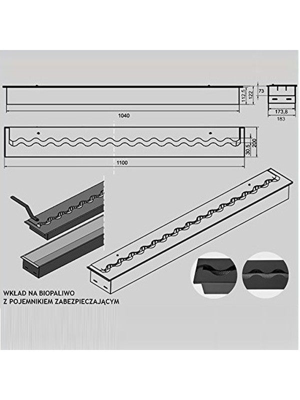 FALA 200 - Bruciatore/Inserto A Bioetanolo Da Incasso Con Contenitore Di Sicurezza 110 Cm / Capienza 9L