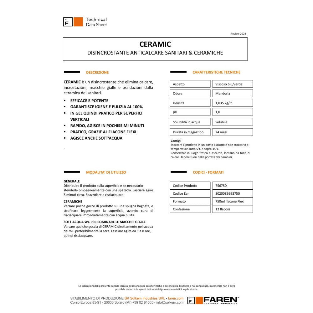 Faren ceramic 750ml disincrostante gel liquido per sanitari e ceramiche