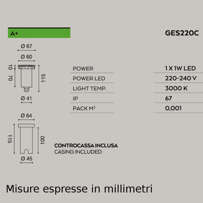 Faretto incasso acciaio gea led shally ges220c 3000k ip67 modulo led 1w incasso terra tondo calpestabile esterno