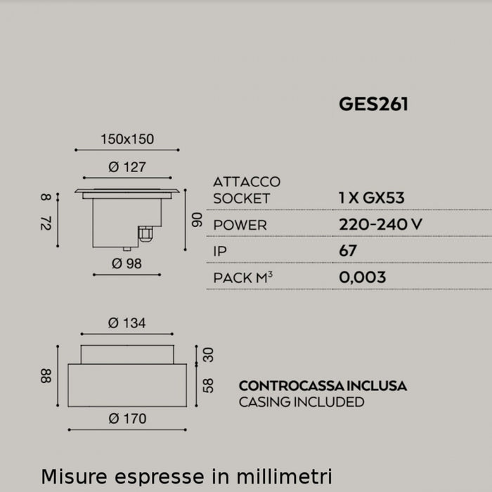 Faretto incasso acciaio gea led skeiron ges261 led ip67 spot terra quadrato calpestabile esterno gx53