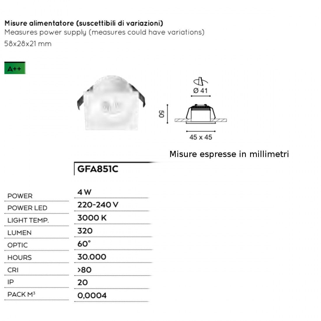 Faretto incasso alluminio vetro gea led gaia gfa851c led spot quadrato controsoffitto 4w 3000°k ip20