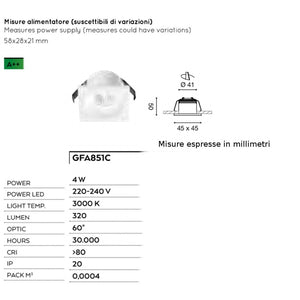 Faretto incasso alluminio vetro gea led gaia gfa851c led spot quadrato controsoffitto 4w 3000°k ip20