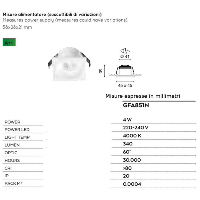 Faretto incasso alluminio vetro gea led gaia gfa851n led spot quadrato controsoffitto 4w 4000°k ip20