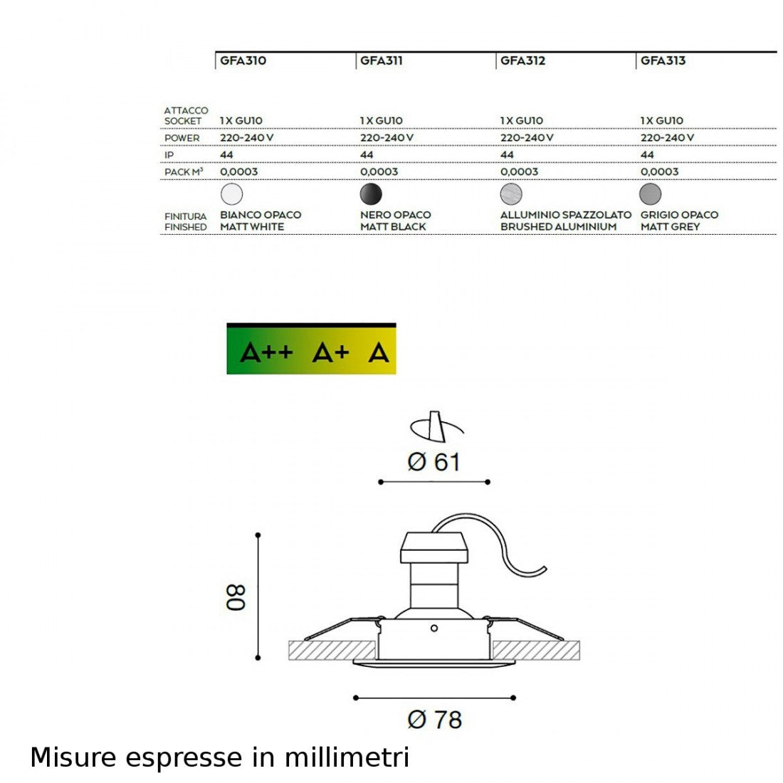 Faretto incasso gea led era gfa311 gu10 led ip44 spot alluminio cartongesso bagno