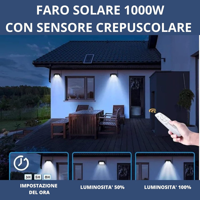 Faretto Led Esterno con Pannello Solare, Faro a Led da Giardino 1000w con Sensore Crepuscolare