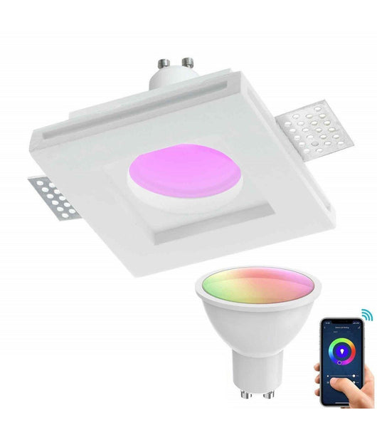 Faretto Slim Gesso Smart Led Gu10 Wifi Incasso Quadrato Rgb Cct Alexa Google 10x10cm         