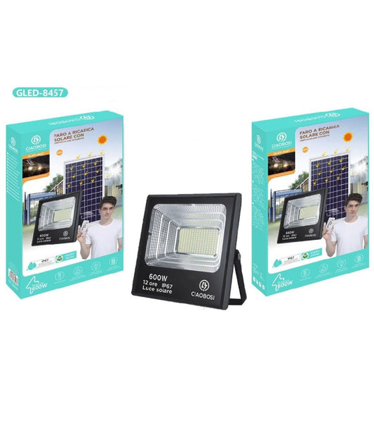 Faro A Led Luce Ricarica Solare Ip67 600w Con Crepuscolare Telecomando Gled-8457         