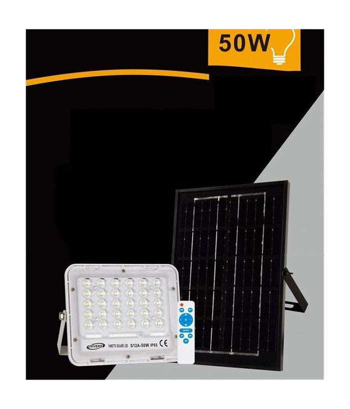 Faro Faretto Pannello Solare 50 Watt Luce Fredda 6500k Ip65 Telecomando S12a-50w         