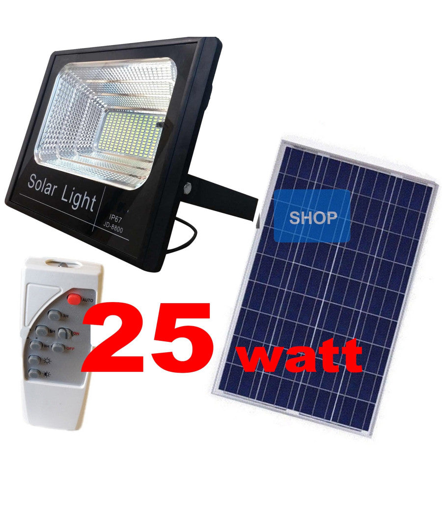 Faro Pannello Energia Solare Faretto Led Luce Bianca Ip67 Con Telecomando   25 Watt      