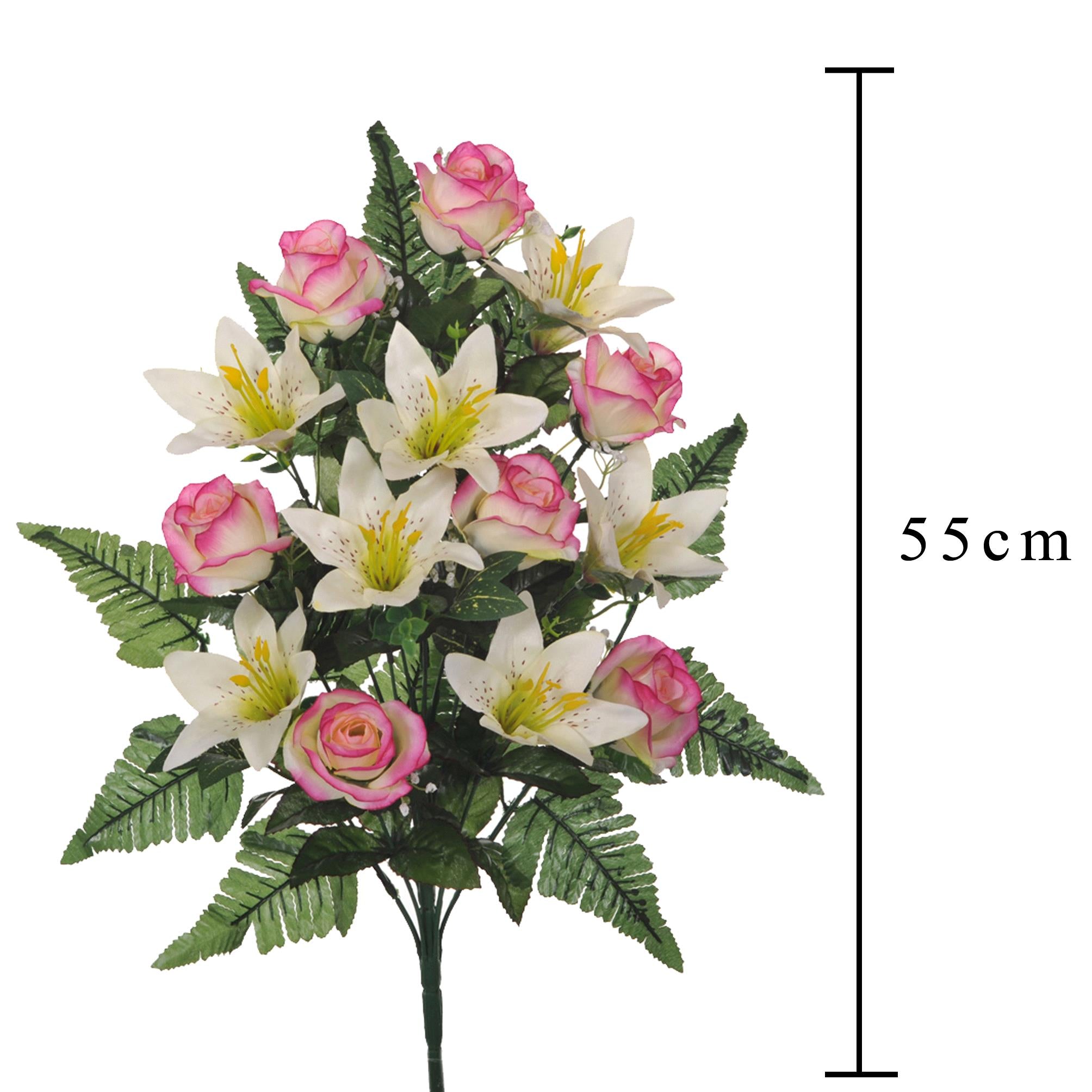 Set 2 Bouquet Artificiali Frontale Composto da 14 Rose e Lilium H 55 cm